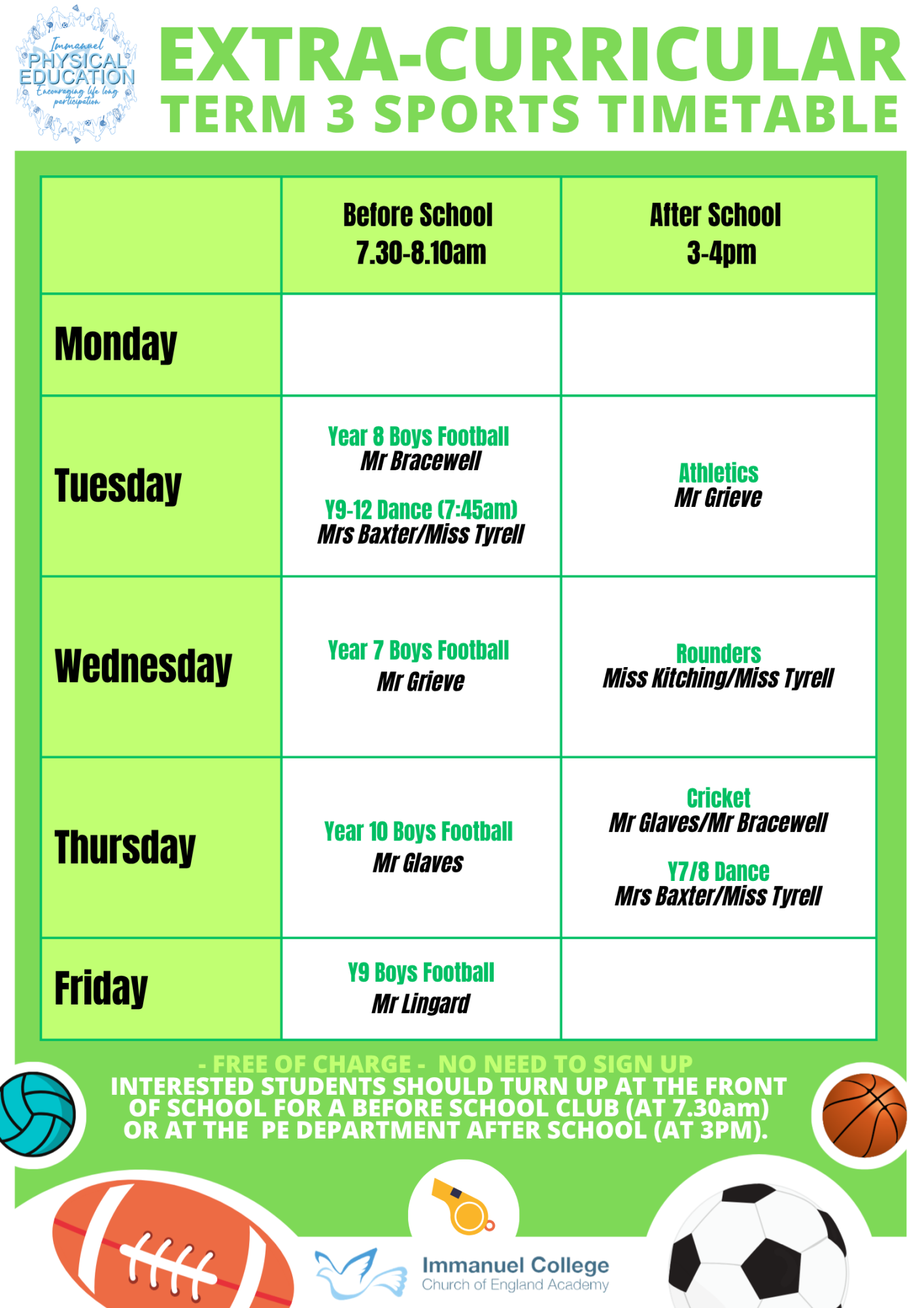 Extra Curricular Sports Timetable term 3 2526